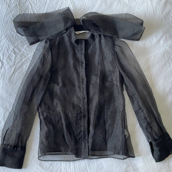 Zara Black Sheer Bow Tie Shirt - Picture 3 of 5